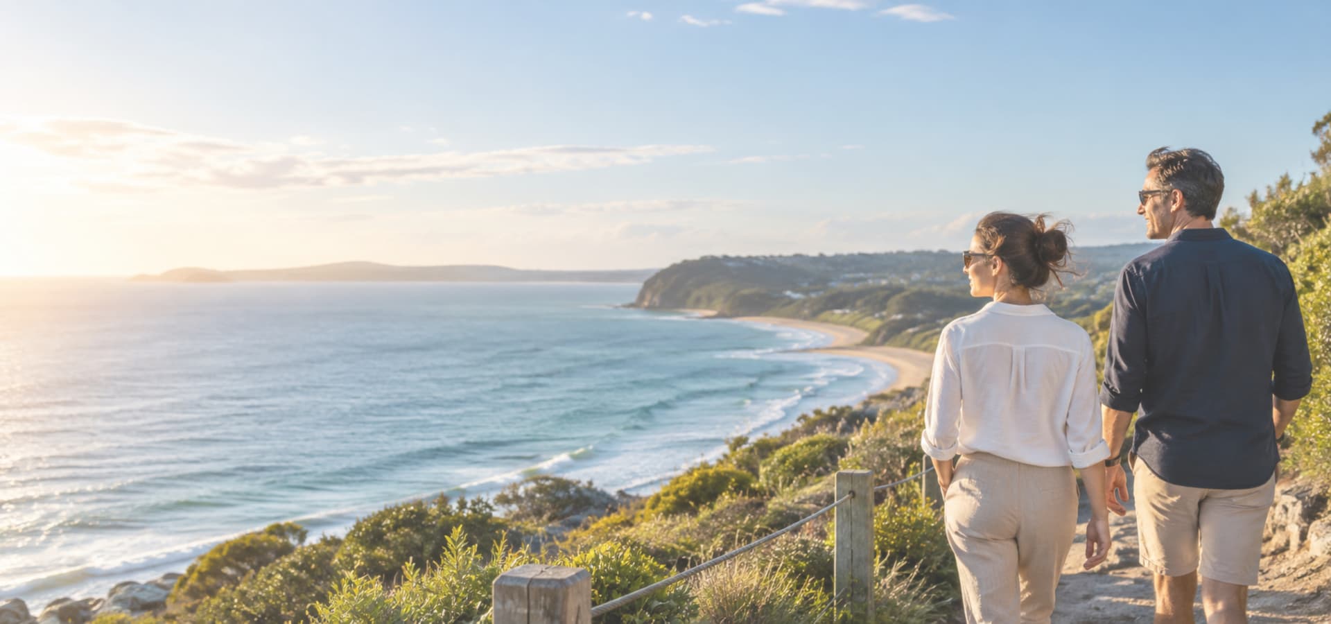 A couple walking along an Australian coastal headland